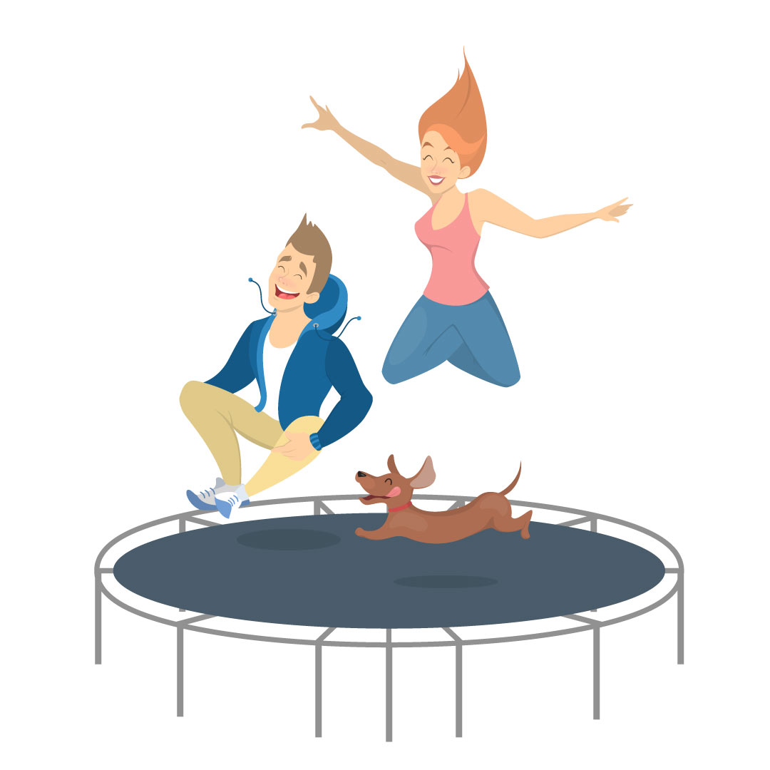 people jumping on trampoline with dog