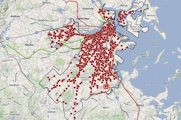 location of each bicycle accident in boston between 2009 - 2012
