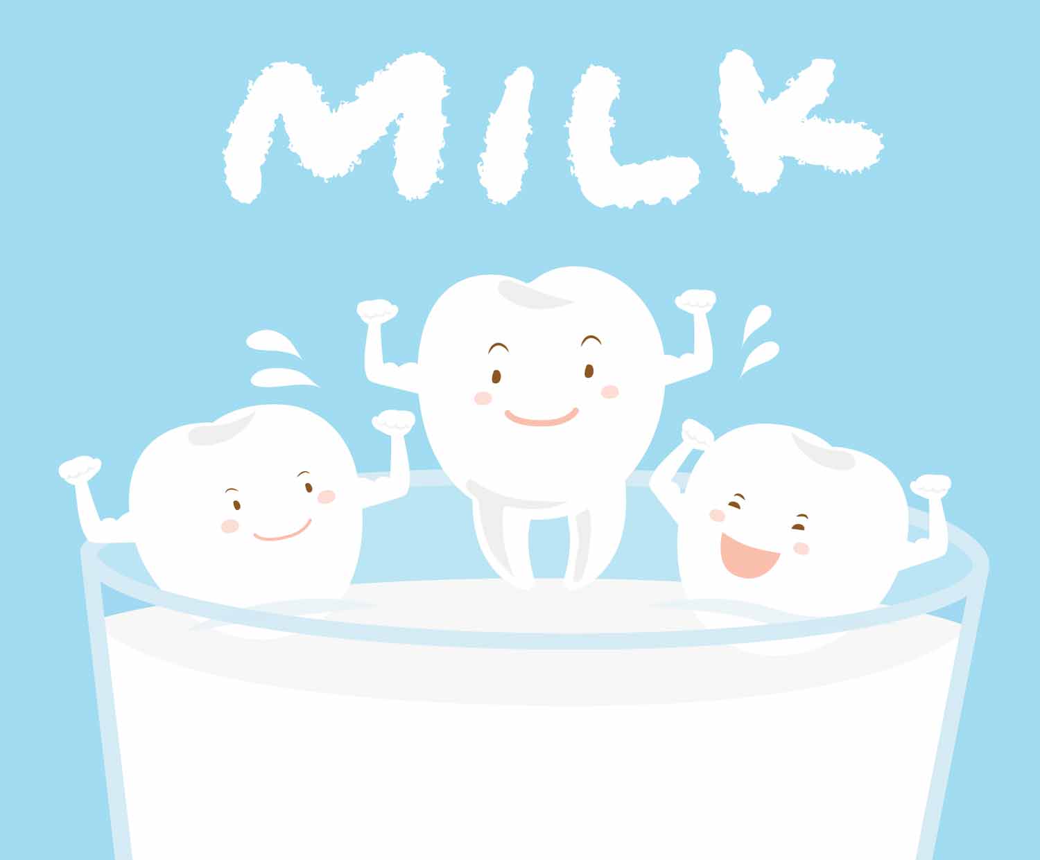 cartoon of healthy teeth in milk bath