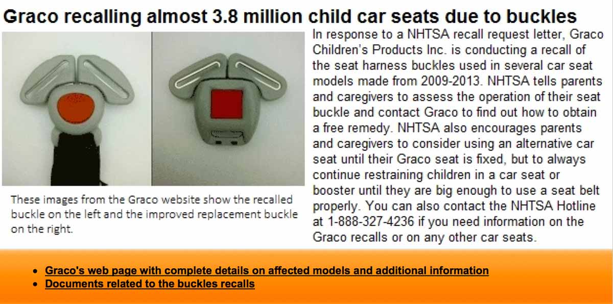 notice from safercar.gov website - graco recalls almost 3.8 million child car seats due to buckles